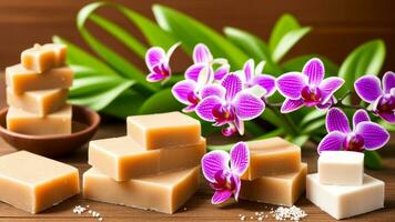 bellissimo impostare o orchidea fiori e sapone barre per cosmetici e viso lavare naturale terme prodotti commerciale. ai generato foto