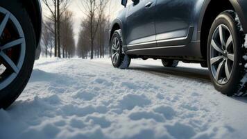 vicino su di auto pneumatici nel inverno su il strada coperto con neve. ai generato foto