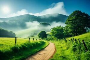 un' sporco strada andando attraverso un' lussureggiante verde campo, generativo ai foto