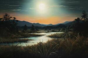 un' pittura di un' notte scena con un' lago e alberi, generativo ai foto