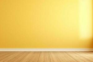vuoto camera giallo mostarda parete e di legno pavimento ,vuoto vetrina per Prodotto presentazione foto