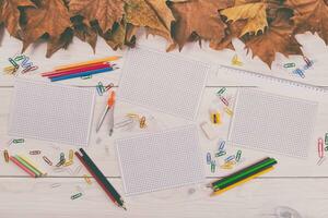 indietro per scuola concetto con scuola forniture e autunno le foglie su bianca di legno sfondo superiore Visualizza foto