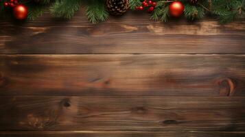 superiore Visualizza di vuoto di legno tavolo con Natale decorazione e copyspace per testo, natale sfondo foto