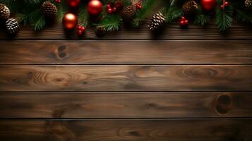 superiore Visualizza di vuoto di legno tavolo con Natale decorazione e copyspace per testo, natale sfondo foto