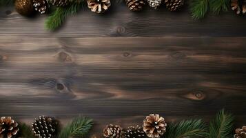 superiore Visualizza di vuoto di legno tavolo con Natale decorazione e copyspace per testo, natale sfondo foto