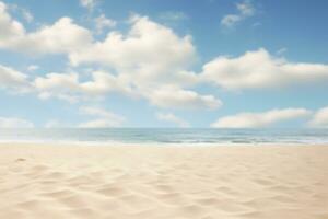 sereno spiaggia scena con morbido sabbioso costa, oceano onde, e un' blu cielo con soffice nuvole. vacanza umore quello parla di la tranquillità e rilassamento. tranquillo, calmo vacanza. rilassare nel il natura. generativo ai. foto