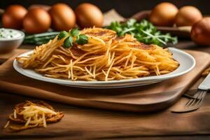 fritte patate su un' piatto con prezzemolo e uova. ai-generato foto