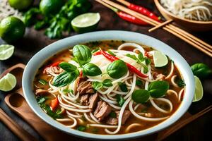 un' ciotola di asiatico spaghetto la minestra con carne e verdure. ai-generato foto