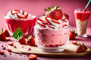 fragola ghiaccio crema con frustato crema e fragole su un' rosa sfondo. ai-generato foto