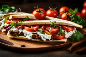 un' Sandwich con pomodori e carne su un' di legno taglio tavola. ai-generato foto