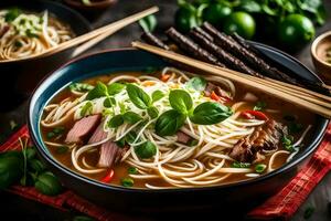 Cinese tagliatelle nel un' ciotola con bastoncini e verdure. ai-generato foto