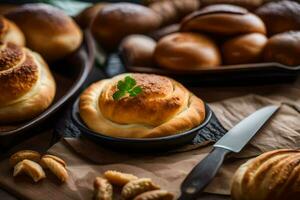 panini, rotoli e pane su un' tavolo. ai-generato foto