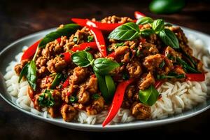 pollo curry con riso e verdure. ai-generato foto