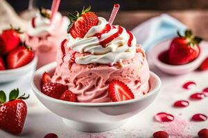 un' ciotola di ghiaccio crema con fragole e frustato crema. ai-generato foto