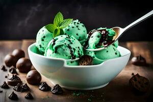 verde ghiaccio crema con cioccolato patatine fritte e menta le foglie. ai-generato foto