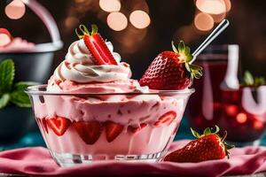 un' dolce con fragole e frustato crema. ai-generato foto