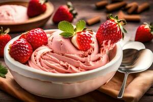 fragola ghiaccio crema nel un' ciotola con fragole e cannella bastoni. ai-generato foto