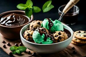 cioccolato menta ghiaccio crema nel un' ciotola con biscotti e menta le foglie. ai-generato foto