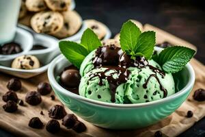 cioccolato menta ghiaccio crema nel un' ciotola con biscotti e menta le foglie. ai-generato foto