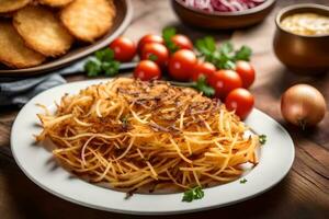 un' piatto di francese patatine fritte con cipolle e pomodori. ai-generato foto