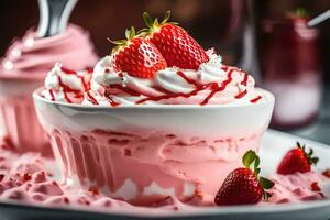 un' dolce con fragole e frustato crema. ai-generato foto