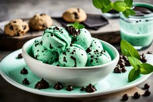 ghiaccio crema con menta e cioccolato patatine fritte. ai-generato foto