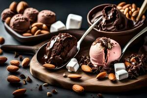 cioccolato ghiaccio crema, mandorle e marshmallows. ai-generato foto