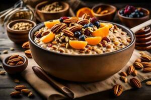 un' ciotola di fiocchi d'avena con noccioline e frutta. ai-generato foto