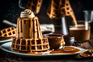 un' cialda con caramello e frustato crema su superiore. ai-generato foto