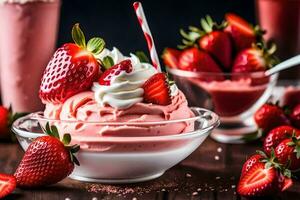 fragola ghiaccio crema con frustato crema e fragole. ai-generato foto