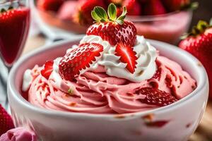 un' ciotola di fragola ghiaccio crema con frustato crema. ai-generato foto