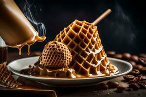 il cialda è essere versato con caramello. ai-generato foto