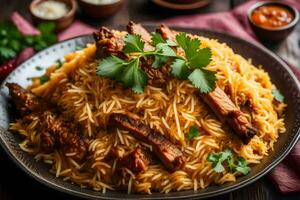 indiano biryani - un' tradizionale piatto di riso e carne. ai-generato foto