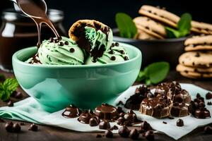 cioccolato menta ghiaccio crema nel un' ciotola con menta cioccolato patatine fritte e biscotti. ai-generato foto