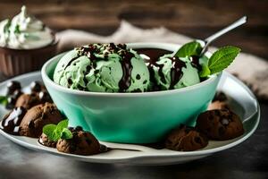 ghiaccio crema con menta e cioccolato patatine fritte nel un' ciotola. ai-generato foto