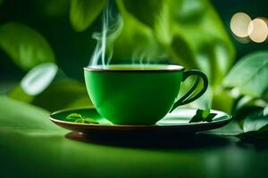 un' tazza di verde tè con le foglie su il tavolo. ai-generato foto