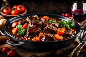 Manzo stufato nel un' nero padella con verdure e vino. ai-generato foto