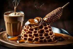 il cialda è sormontato con caramello e un' bicchiere di caffè. ai-generato foto