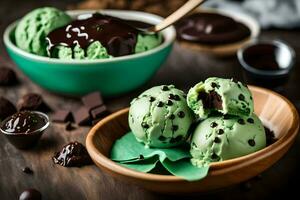 verde ghiaccio crema con cioccolato patatine fritte nel un' ciotola. ai-generato foto