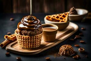 cioccolato ghiaccio crema nel un' cialda cono. ai-generato foto