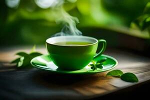 un' tazza di verde tè su un' di legno tavolo. ai-generato foto