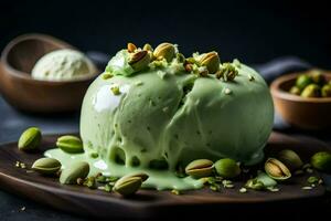 pistacchio ghiaccio crema con pistacchio noccioline su un' buio sfondo. ai-generato foto