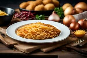 spaghetti con uova e cipolle su un' piatto. ai-generato foto