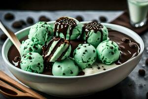 cioccolato ghiaccio crema con menta e cioccolato patatine fritte nel un' ciotola. ai-generato foto