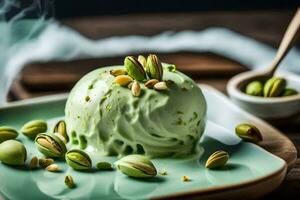 pistacchio ghiaccio crema su un' verde piatto con pistacchi. ai-generato foto