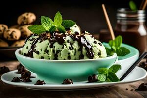 cioccolato ghiaccio crema con menta le foglie e biscotti. ai-generato foto