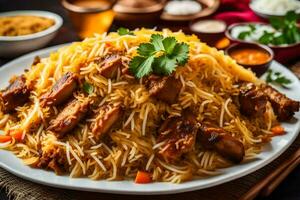 indiano biryani - un' tradizionale piatto di riso e carne. ai-generato foto