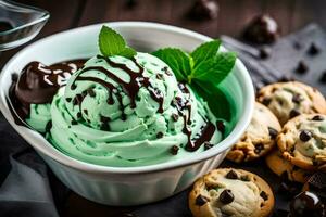 cioccolato patata fritta biscotti e menta ghiaccio crema nel un' ciotola. ai-generato foto