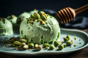 pistacchio ghiaccio crema con un' cucchiaio. ai-generato foto