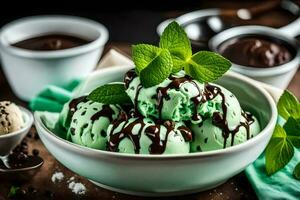 ghiaccio crema con menta e cioccolato salsa nel un' ciotola. ai-generato foto